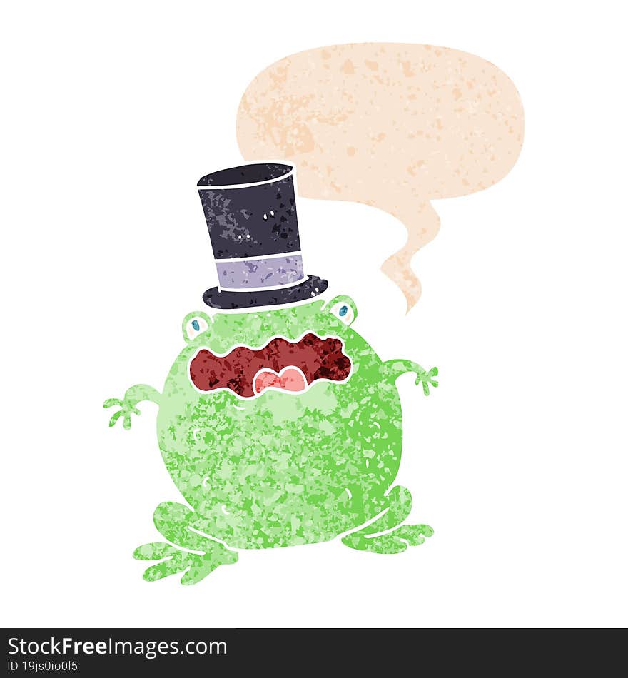 cartoon toad wearing top hat and speech bubble in retro textured style