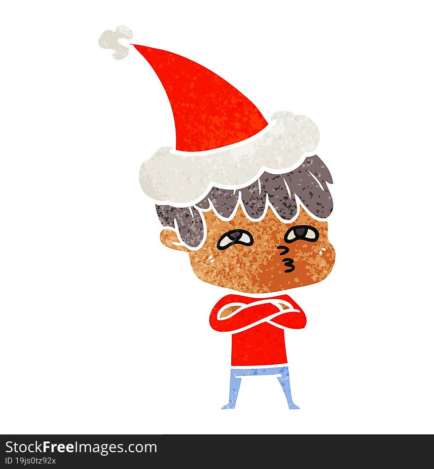 retro cartoon of a curious man wearing santa hat