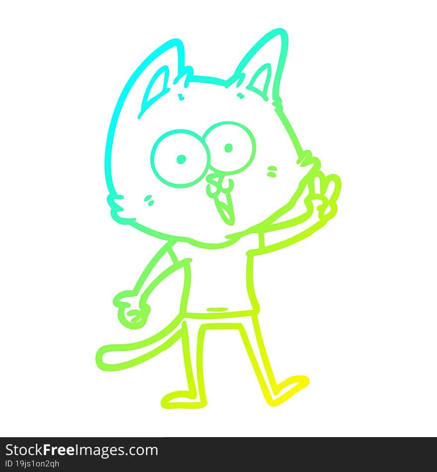 cold gradient line drawing of a funny cartoon cat giving peace sign