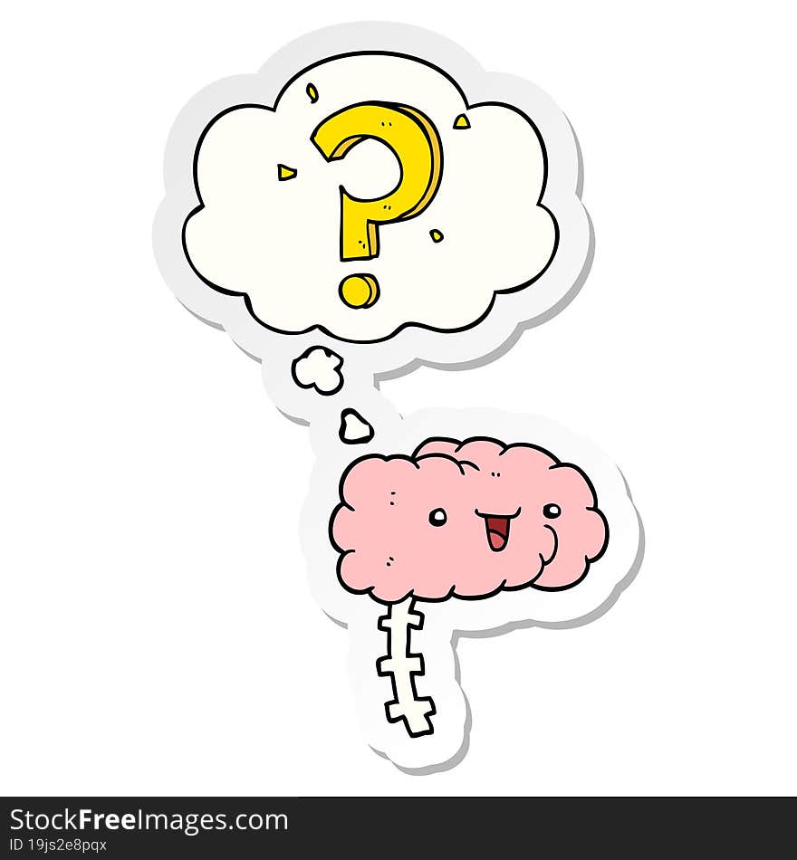 cartoon curious brain and thought bubble as a printed sticker