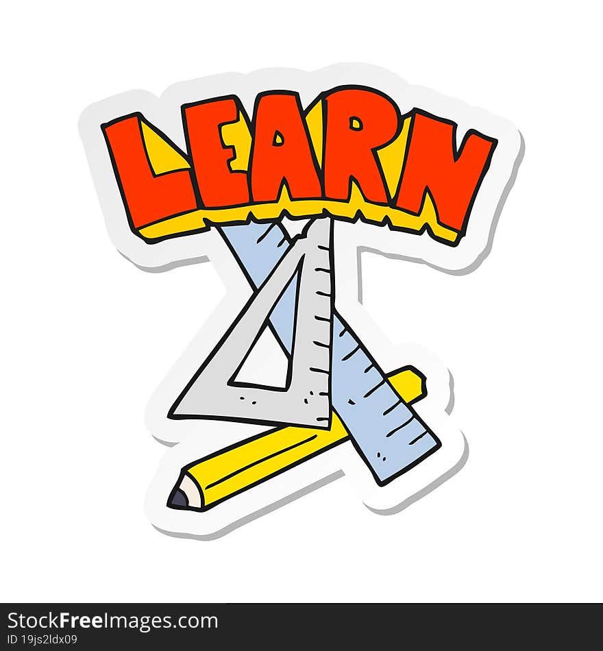 Sticker Of A Cartoon Pencil And Ruler Under Learn Symbol