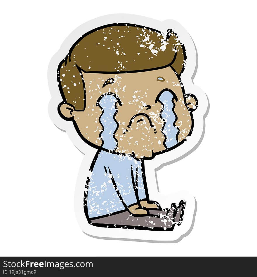 distressed sticker of a cartoon man crying