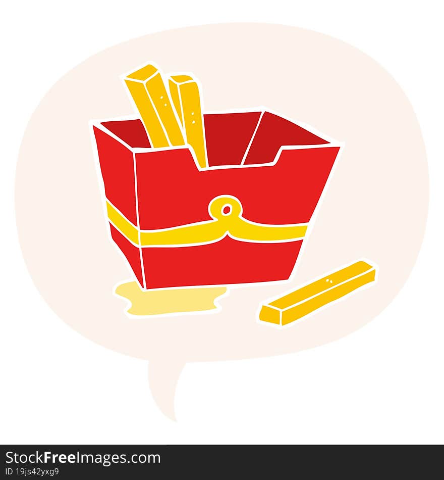 cartoon box of fries and speech bubble in retro style