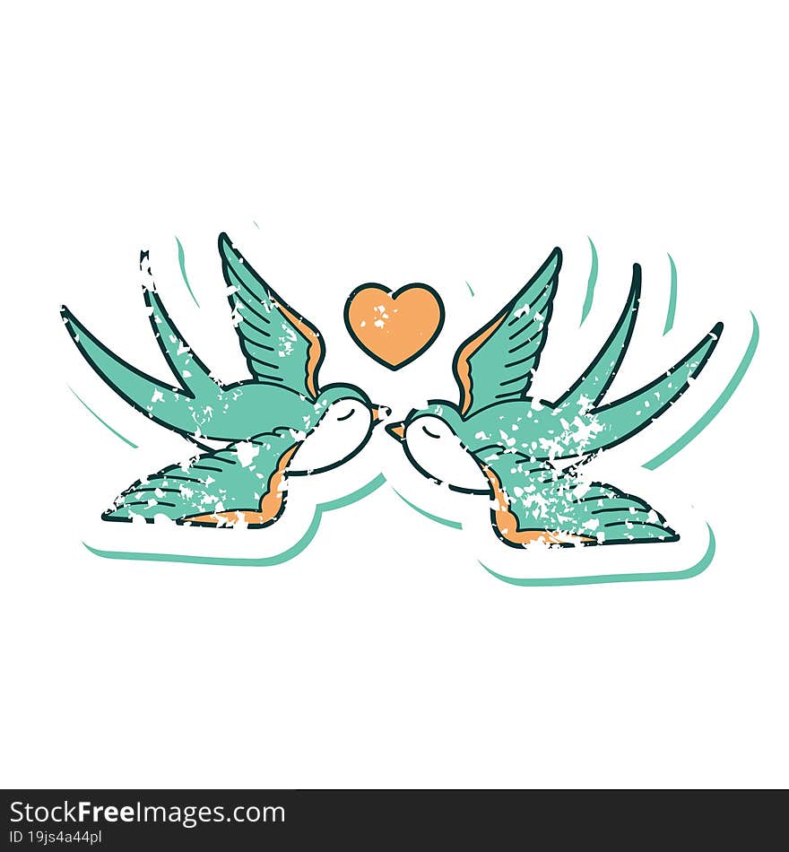 distressed sticker tattoo style icon of a swallows and a heart