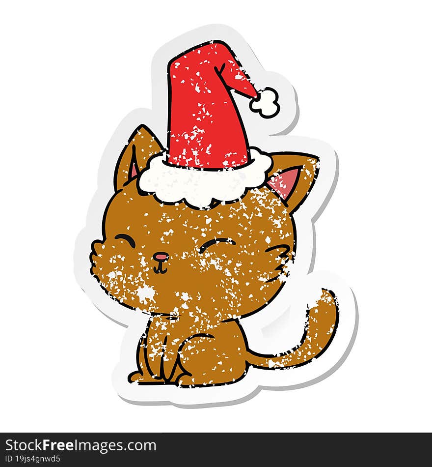 Christmas Distressed Sticker Cartoon Of Kawaii Cat