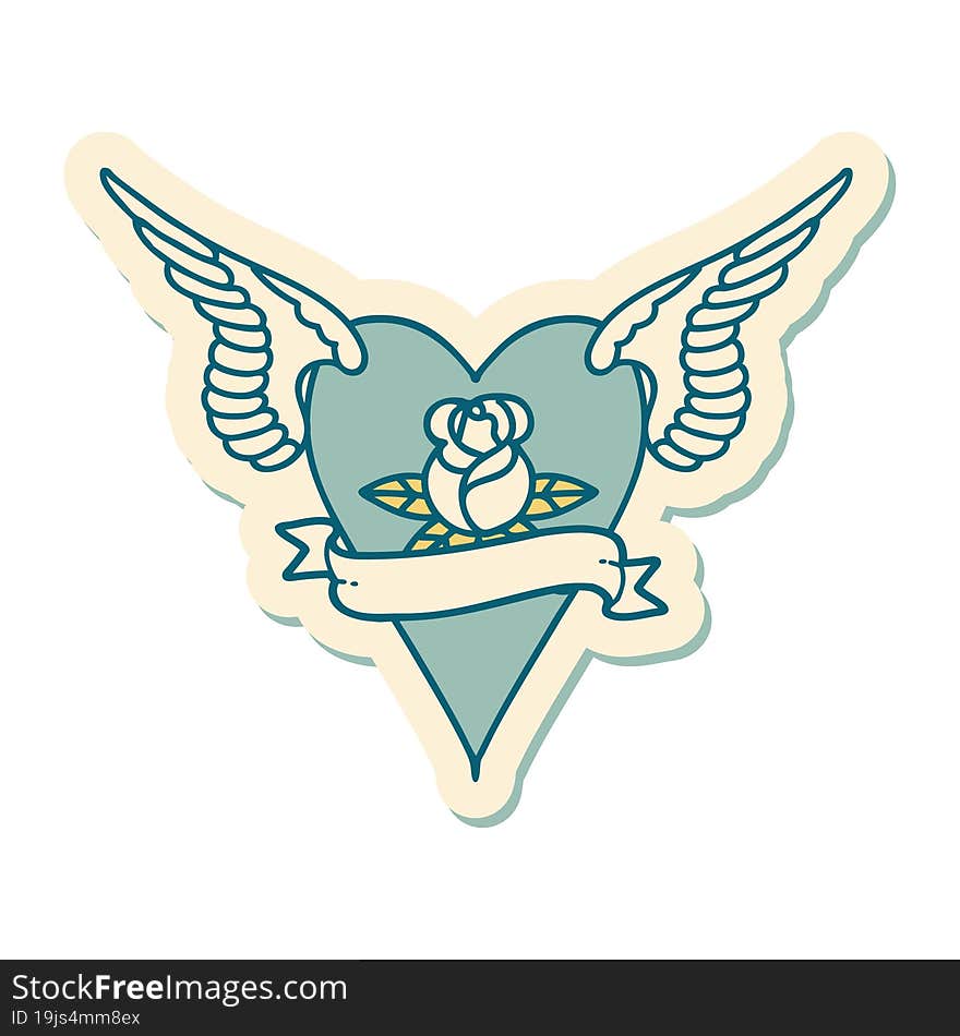 sticker of tattoo in traditional style of a flying heart with flowers and banner. sticker of tattoo in traditional style of a flying heart with flowers and banner