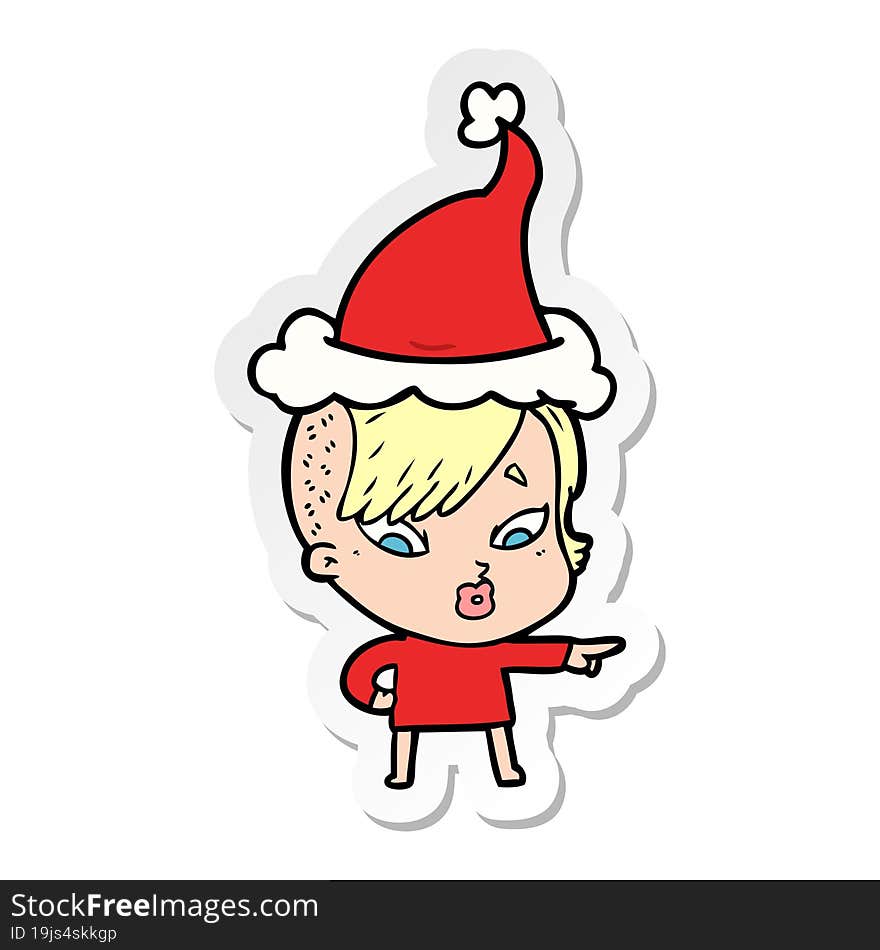 sticker cartoon of a surprised girl pointing wearing santa hat