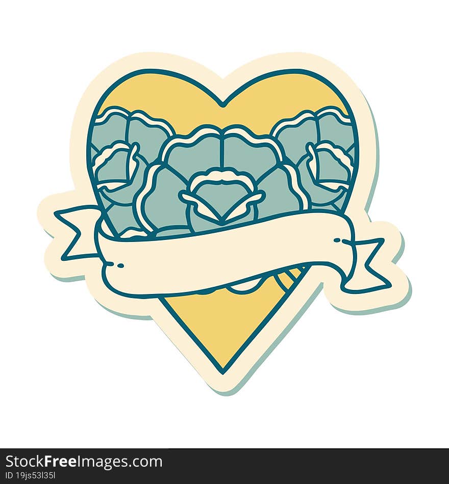 sticker of tattoo in traditional style of a heart and banner with flowers. sticker of tattoo in traditional style of a heart and banner with flowers