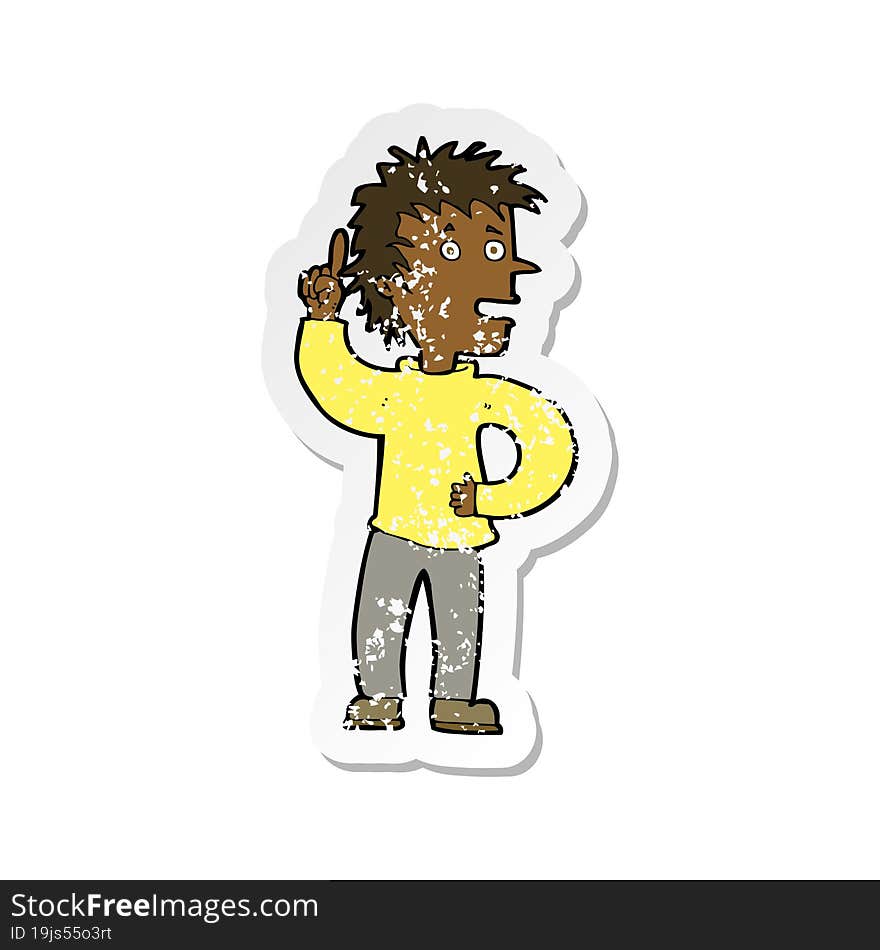 retro distressed sticker of a cartoon boy with idea