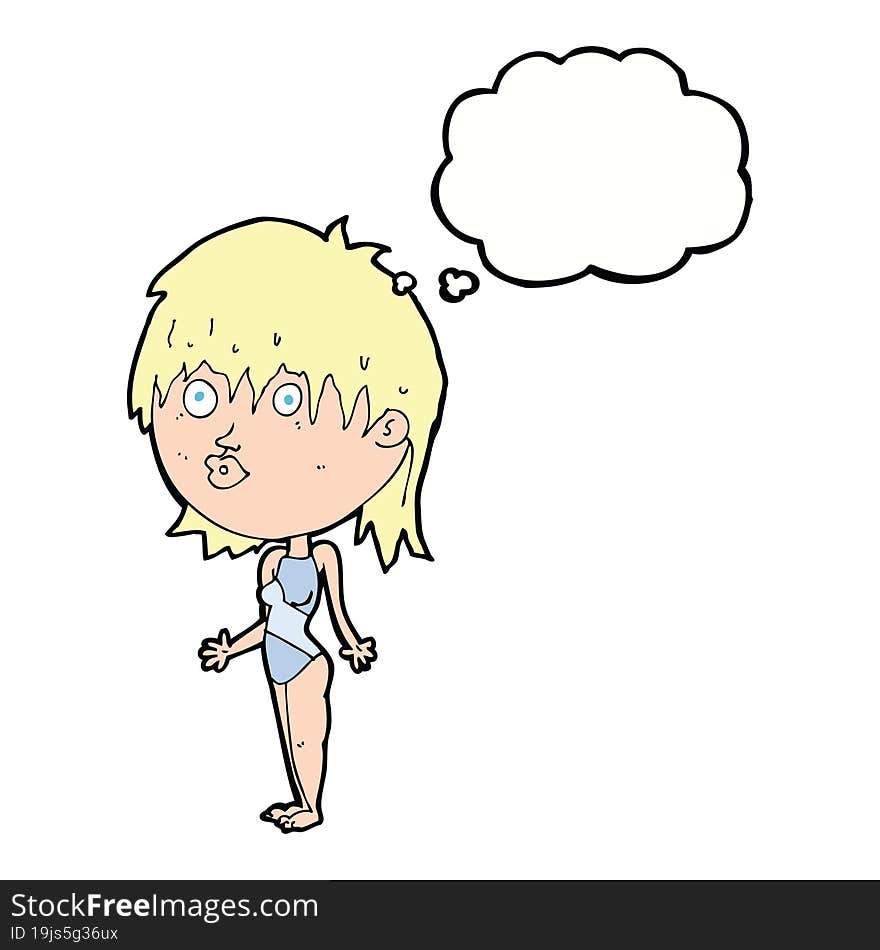 Cartoon Woman In Swimsuit Shrugging Shoulders With Thought Bubble