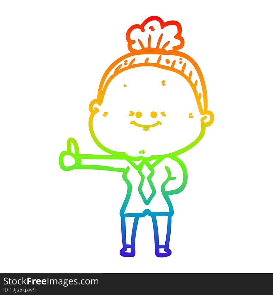 rainbow gradient line drawing of a cartoon happy old woman