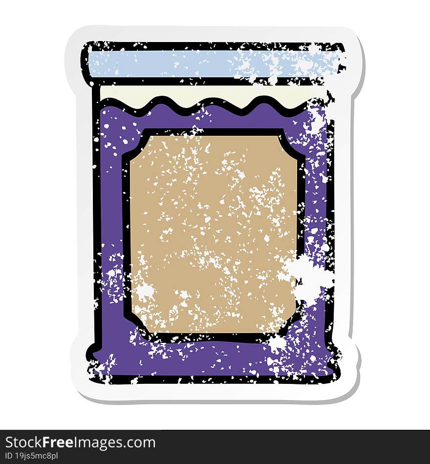 distressed sticker of a quirky hand drawn cartoon jar of jam