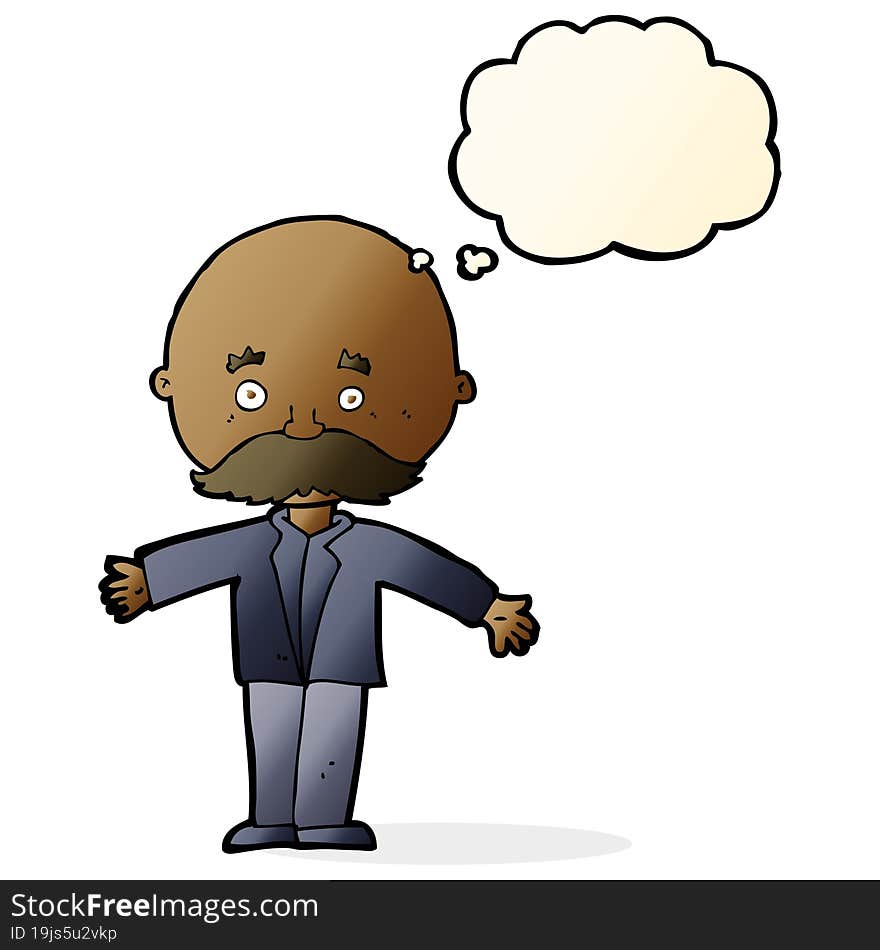 cartoon bald man with open arms with thought bubble