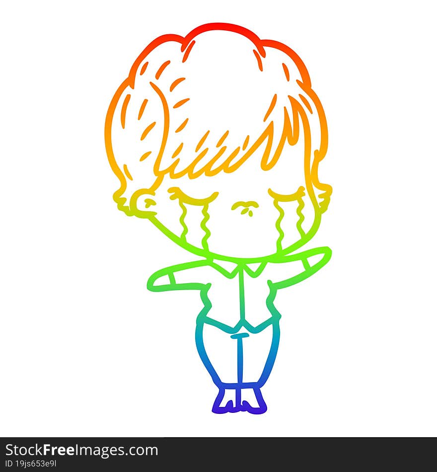 rainbow gradient line drawing of a cartoon woman crying