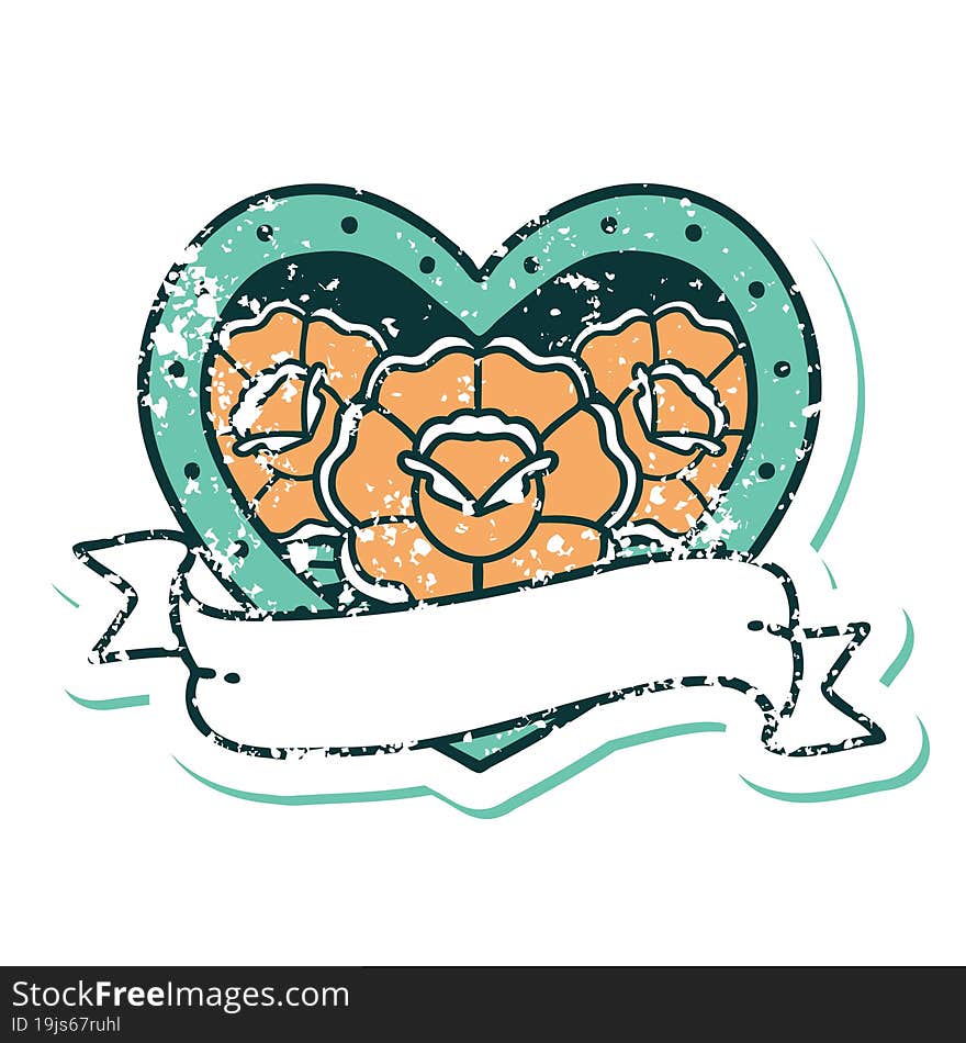 Distressed Sticker Tattoo Style Icon Of A Heart And Banner With Flowers