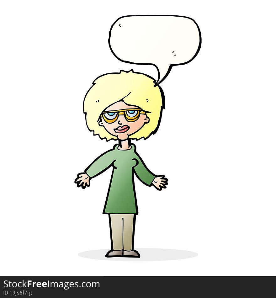 cartoon woman wearing glasses with speech bubble