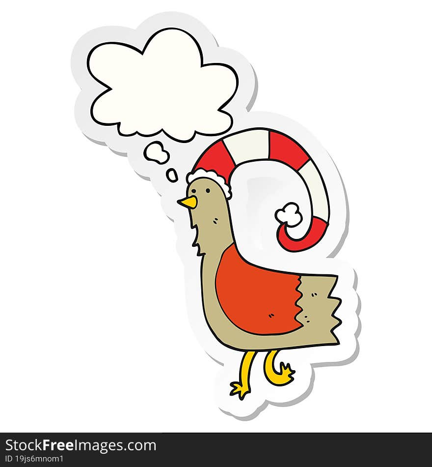 cartoon chicken in funny christmas hat and thought bubble as a printed sticker