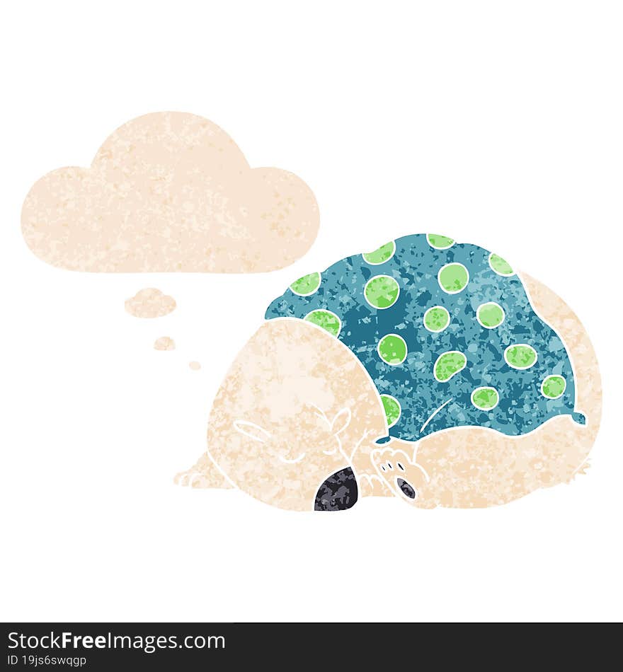 cartoon polar bear sleeping and thought bubble in retro textured style