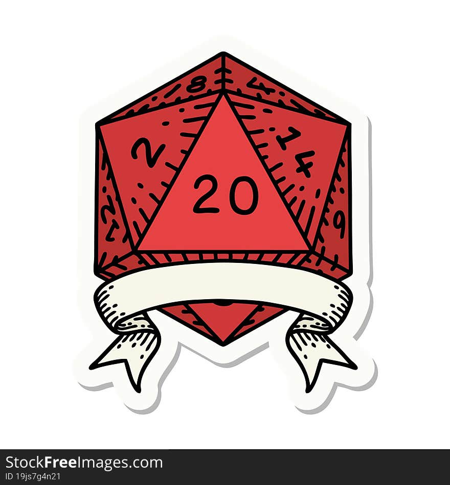 sticker of a natural 20 critical hit D20 dice roll. sticker of a natural 20 critical hit D20 dice roll