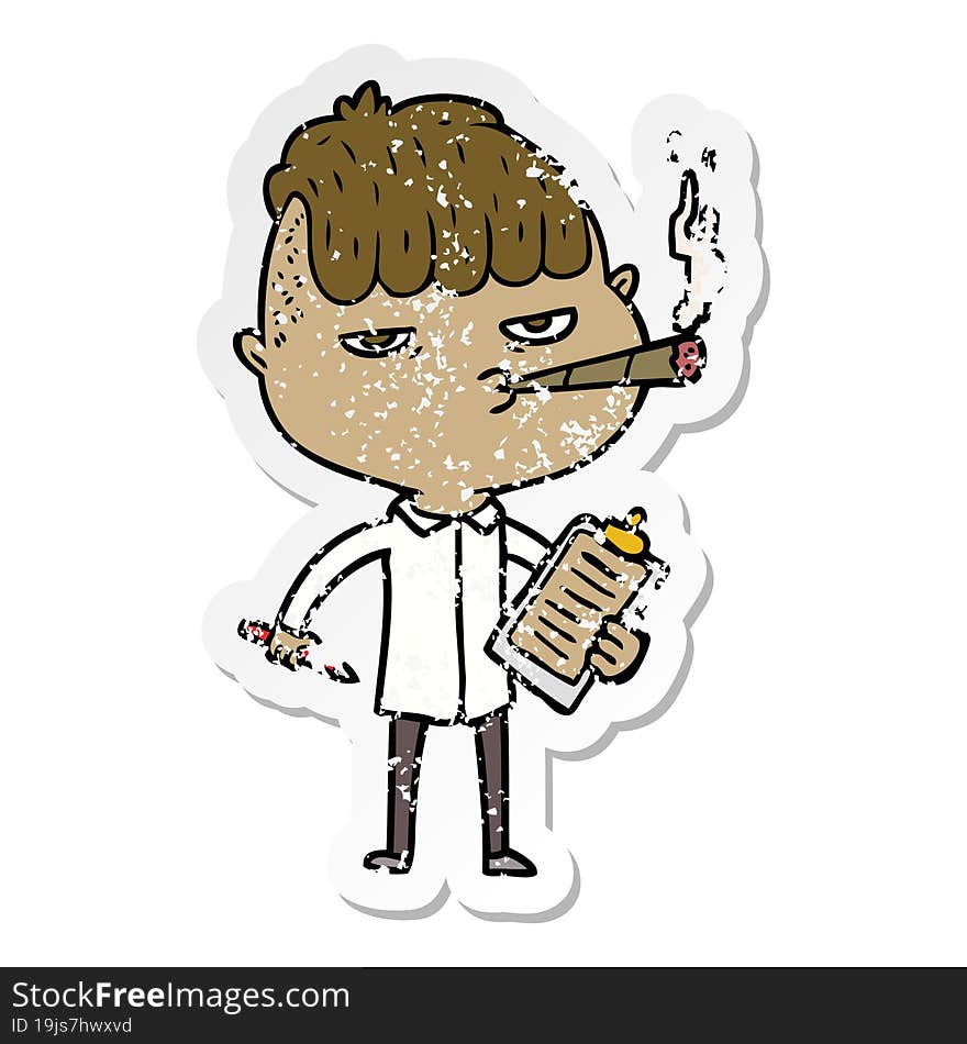 distressed sticker of a cartoon salesman smoking