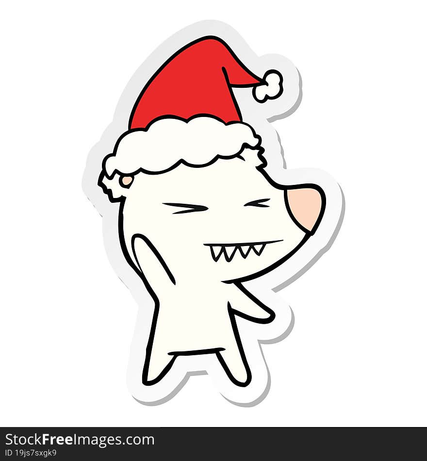 angry polar bear sticker cartoon of a wearing santa hat