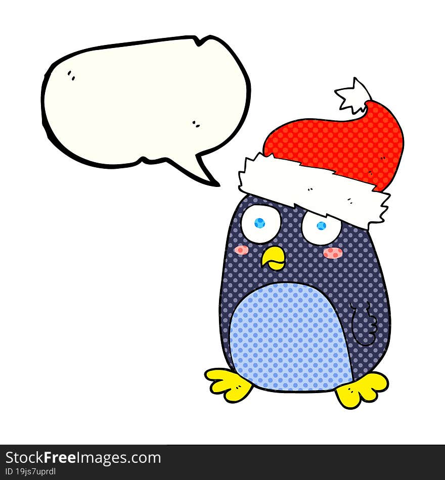 comic book speech bubble cartoon penguin in christmas hat