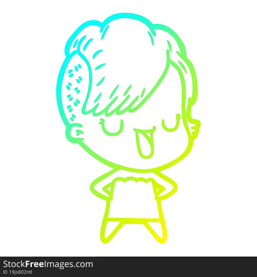 cold gradient line drawing of a cute cartoon girl with hipster haircut