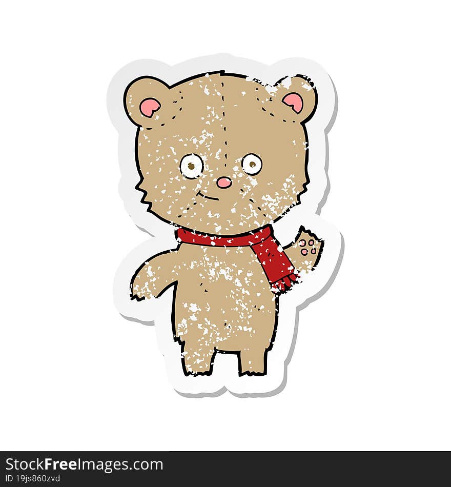 Retro Distressed Sticker Of A Cartoon Teddy Bear Waving