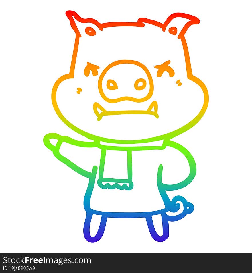 rainbow gradient line drawing of a angry cartoon pig in winter clothes