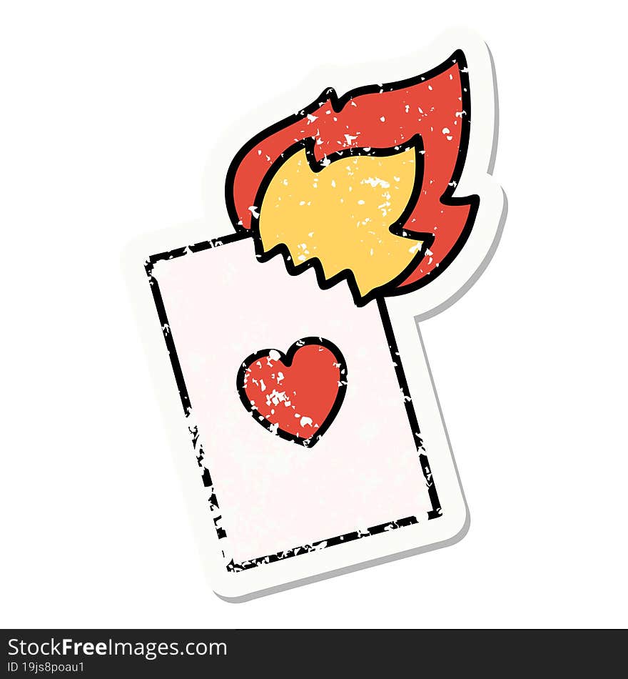 traditional distressed sticker tattoo of a flaming card