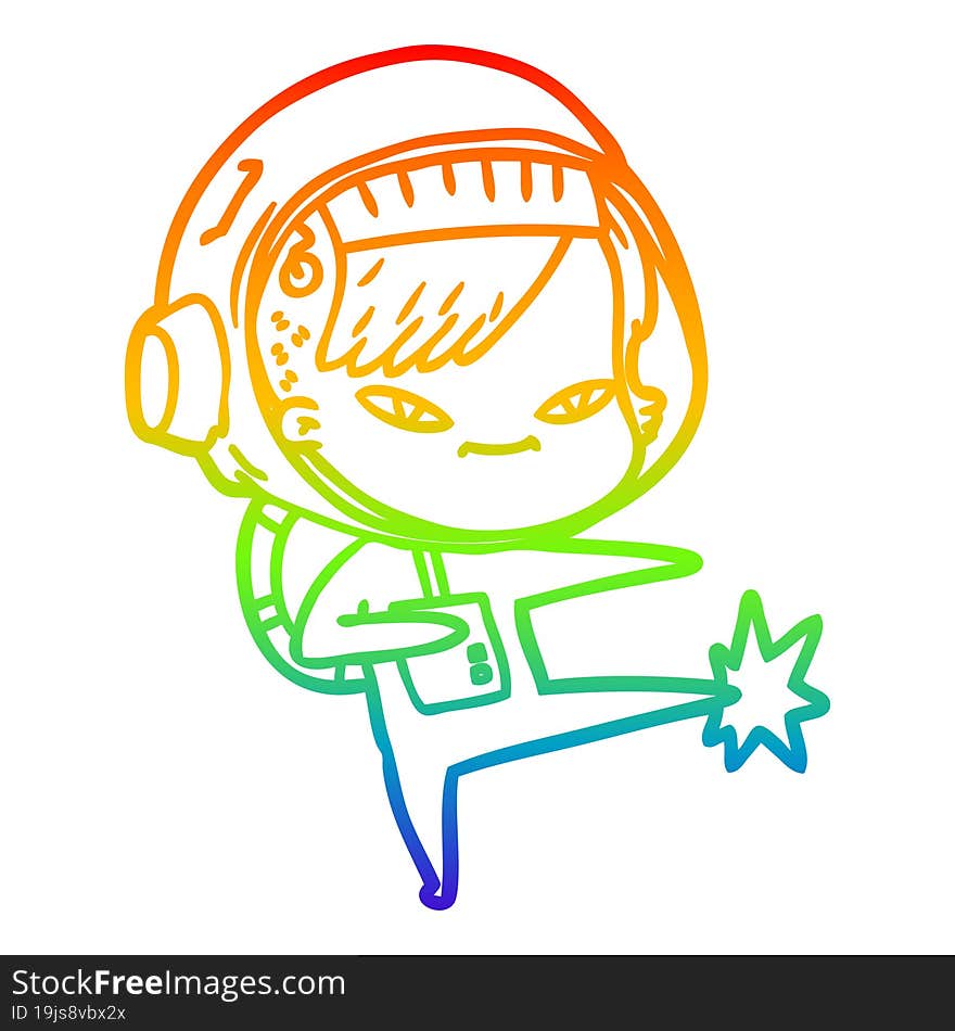 rainbow gradient line drawing of a cartoon astronaut woman