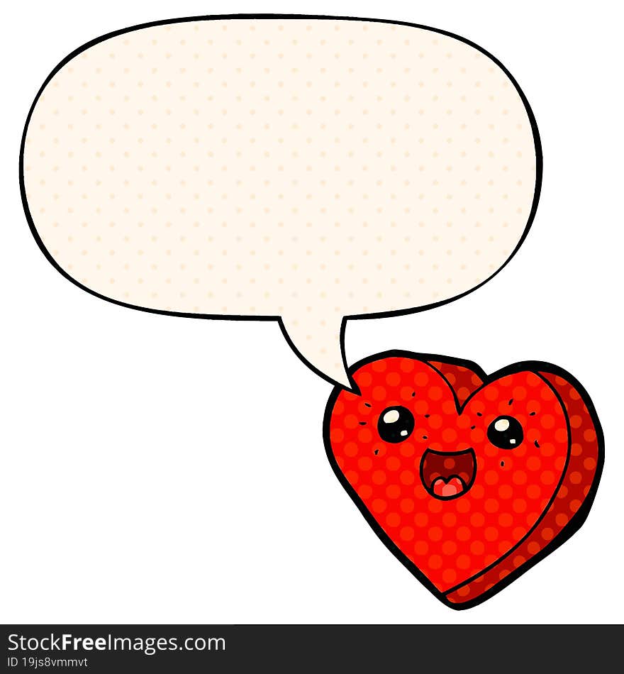 heart cartoon character with speech bubble in comic book style