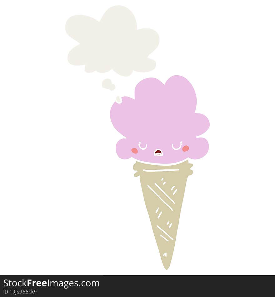 cartoon ice cream with face with thought bubble in retro style