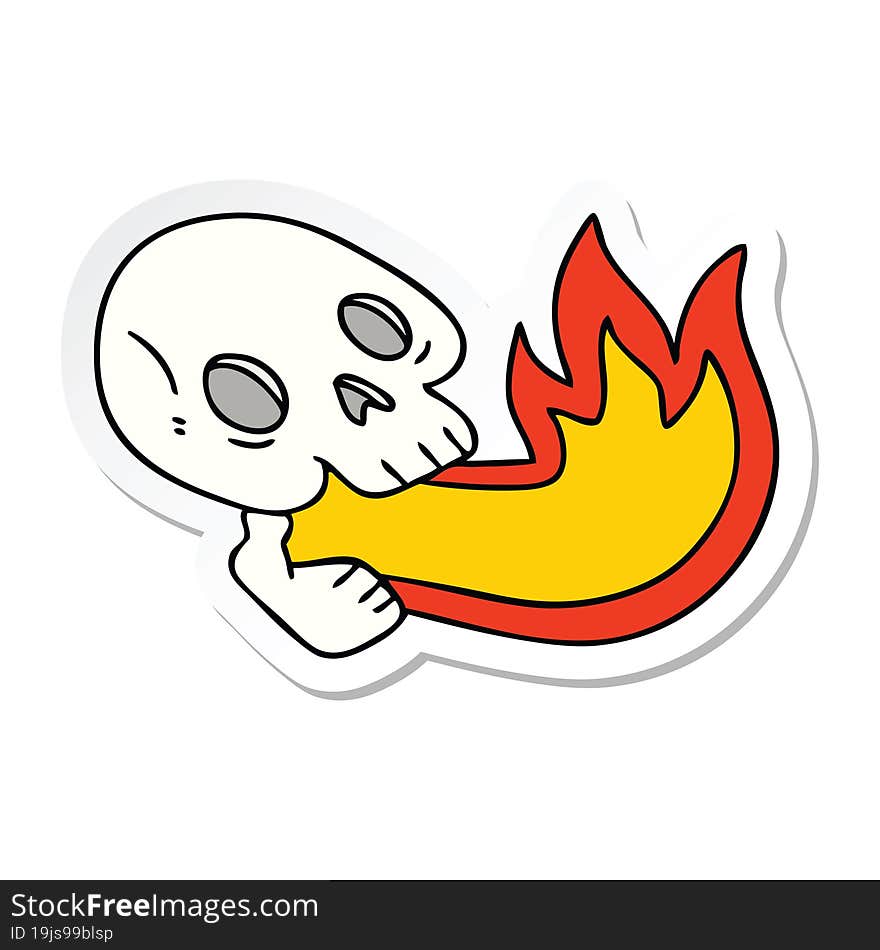 Sticker Of A Fire Breathing Quirky Hand Drawn Cartoon Skull