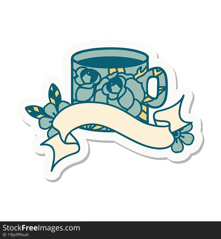 Tattoo Sticker With Banner Of A Cup And Flowers