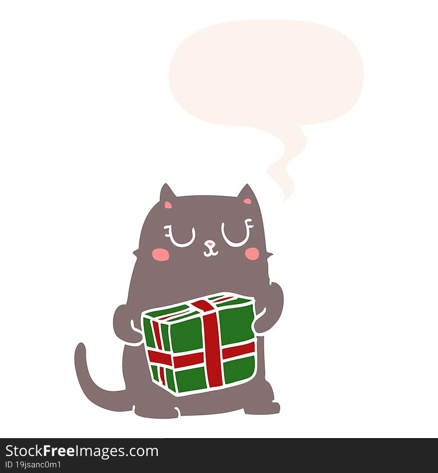 Cartoon Christmas Cat And Speech Bubble In Retro Style