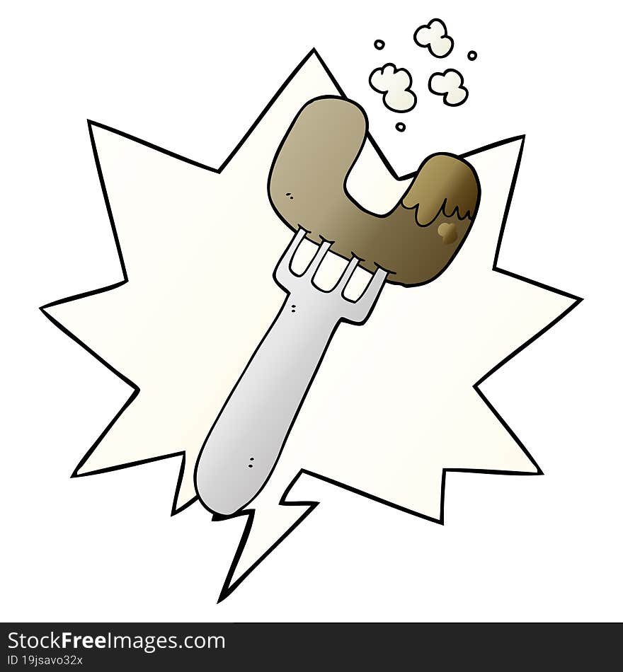 cartoon sausage on fork and speech bubble in smooth gradient style