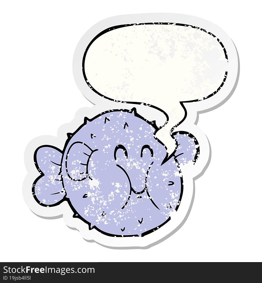 cartoon puffer fish and speech bubble distressed sticker