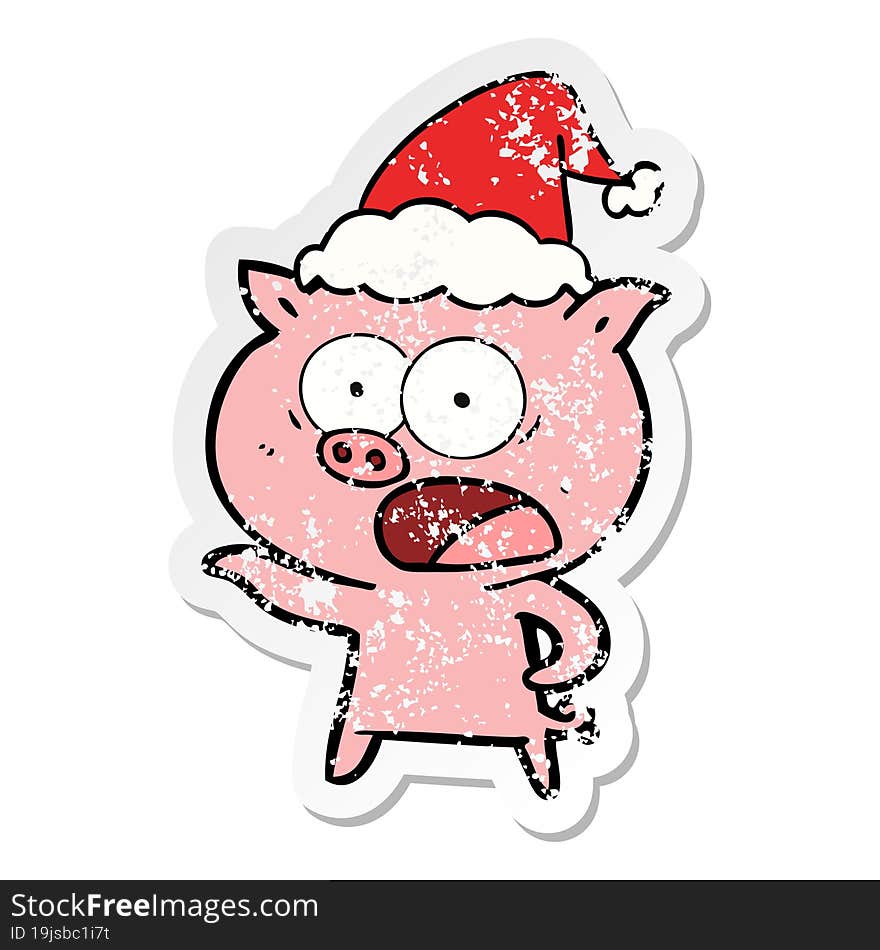 Distressed Sticker Cartoon Of A Pig Shouting Wearing Santa Hat