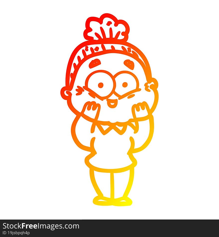 warm gradient line drawing of a cartoon happy old woman