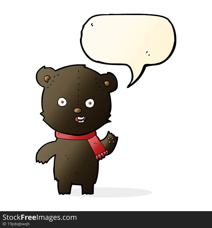 cartoon waving black bear cub with scarf with speech bubble