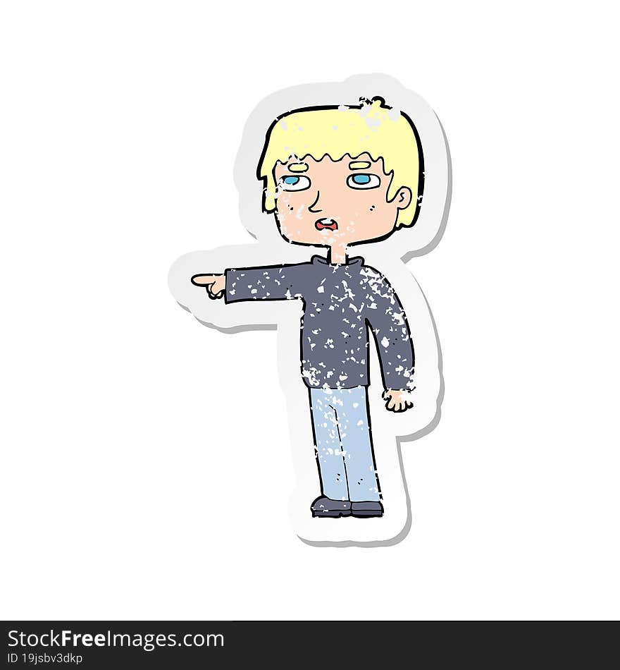 Retro Distressed Sticker Of A Cartoon Boy Pointing