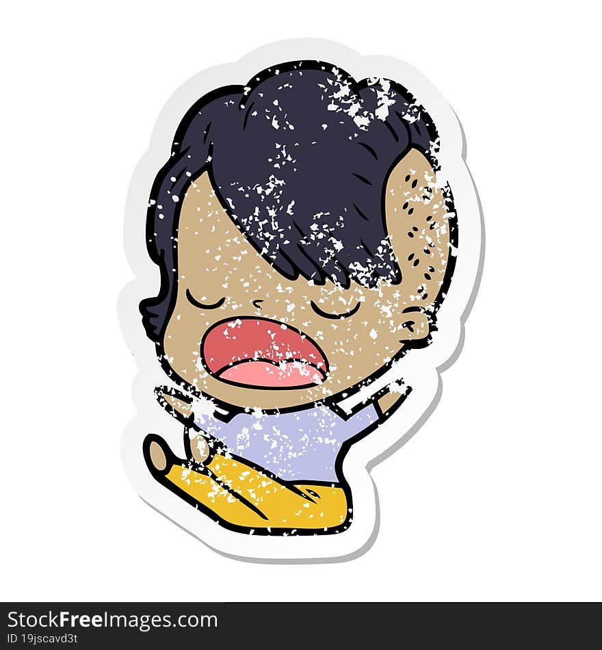 distressed sticker of a cartoon cool hipster girl talking