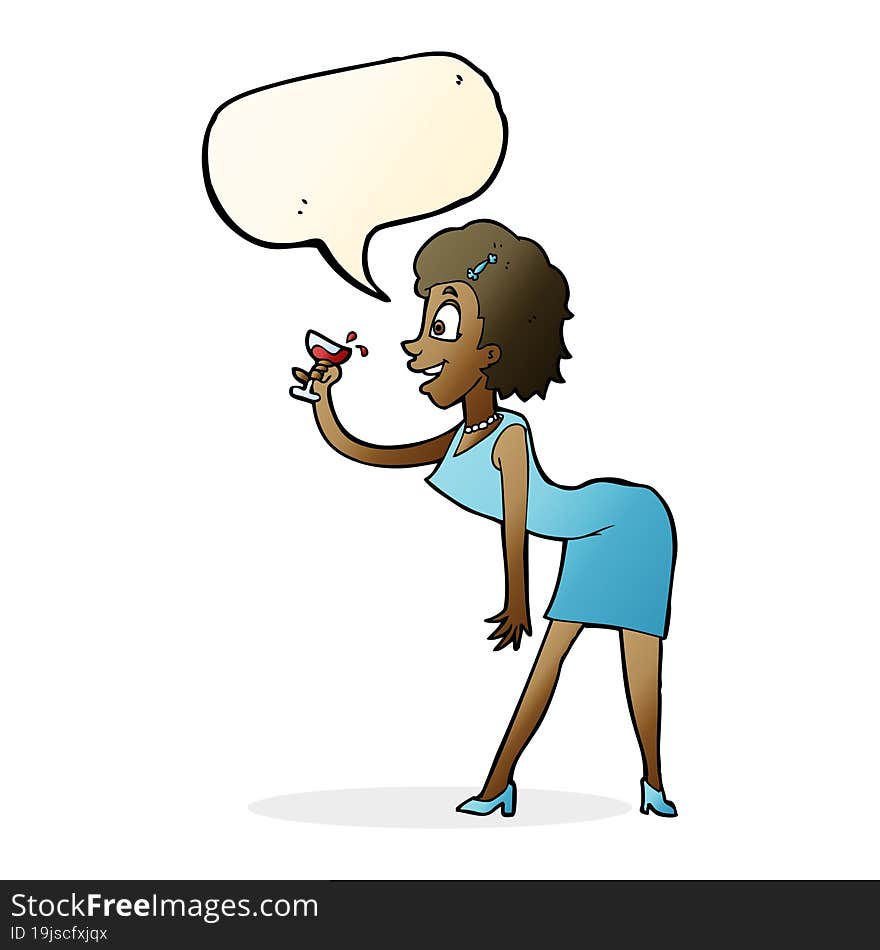 cartoon woman with drink with speech bubble