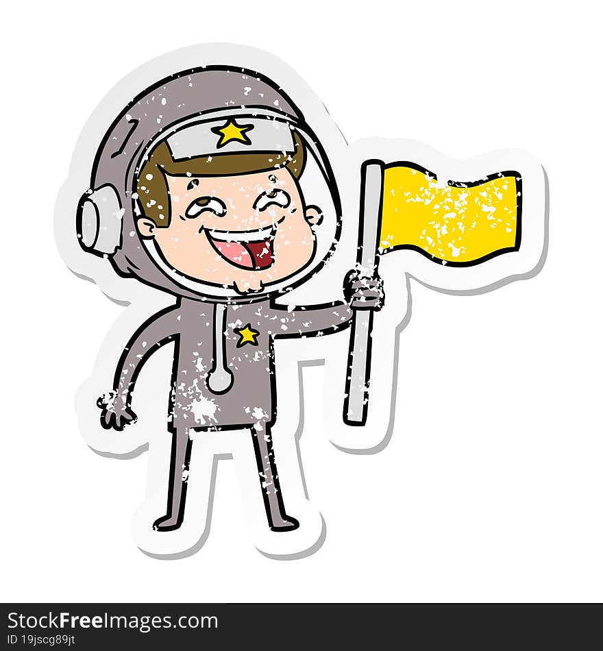 Distressed Sticker Of A Cartoon Laughing Astronaut Waving Flag