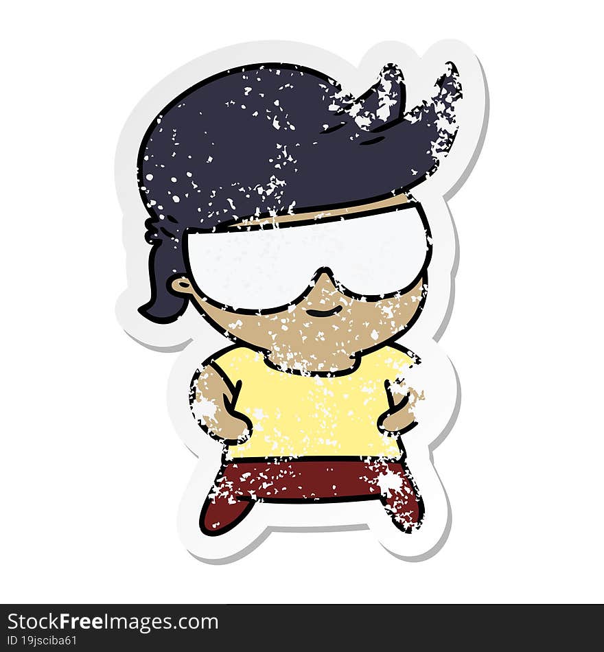 distressed sticker cartoon illustration kawaii kid with shades. distressed sticker cartoon illustration kawaii kid with shades