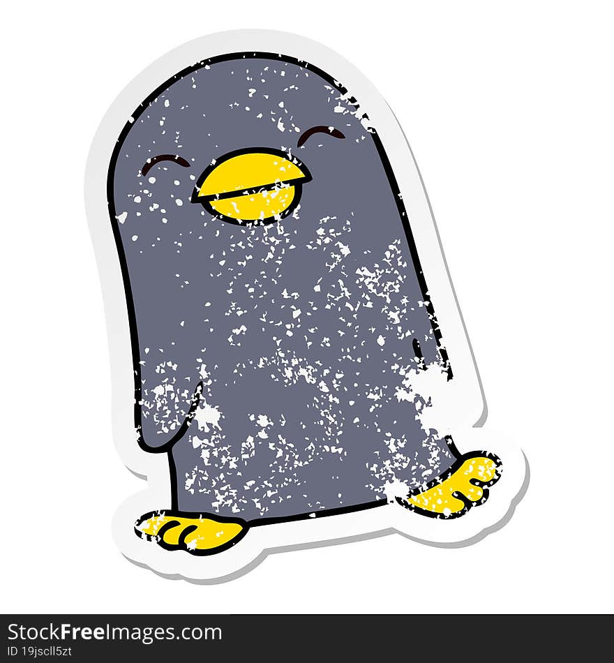 distressed sticker of a quirky hand drawn cartoon penguin