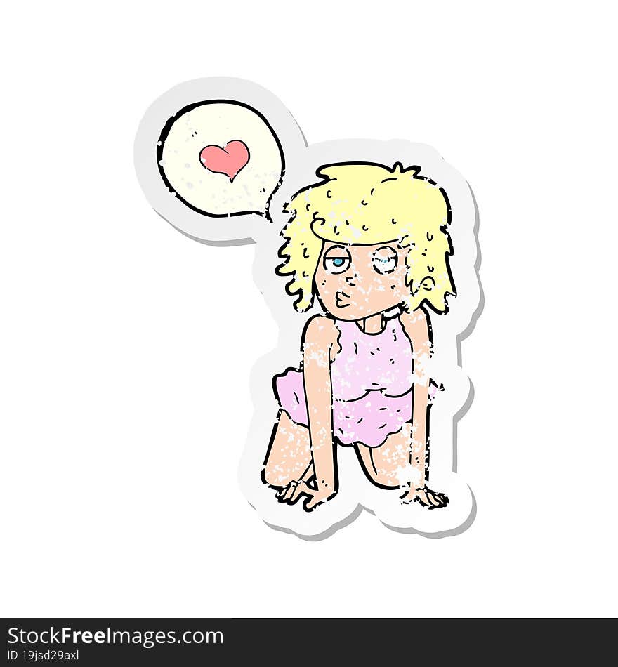 retro distressed sticker of a cartoon woman in love