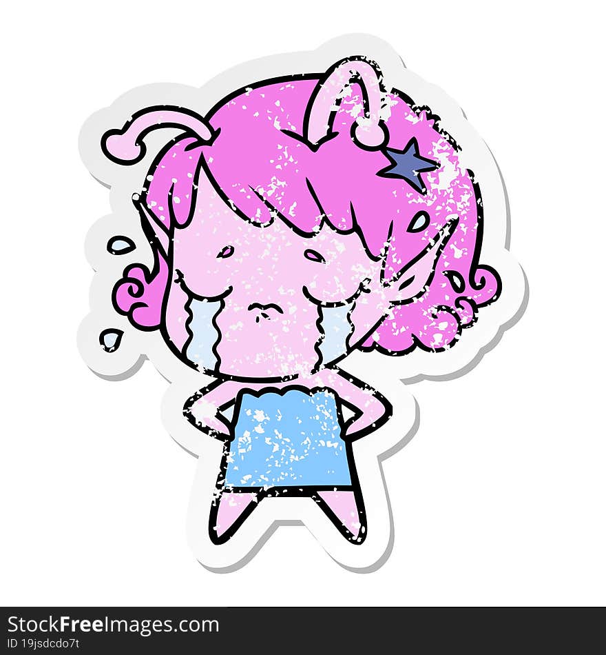 distressed sticker of a cartoon crying alien girl