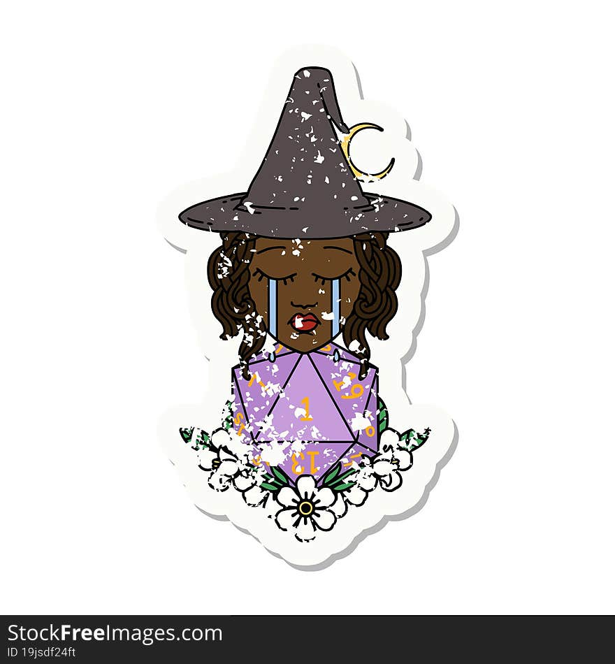 crying human witch with natural one D20 dice roll illustration